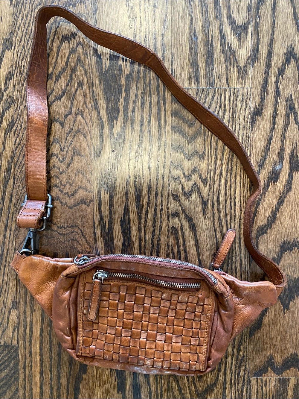 Woven Leather Crossbody Belt Bag in Cognac Brown